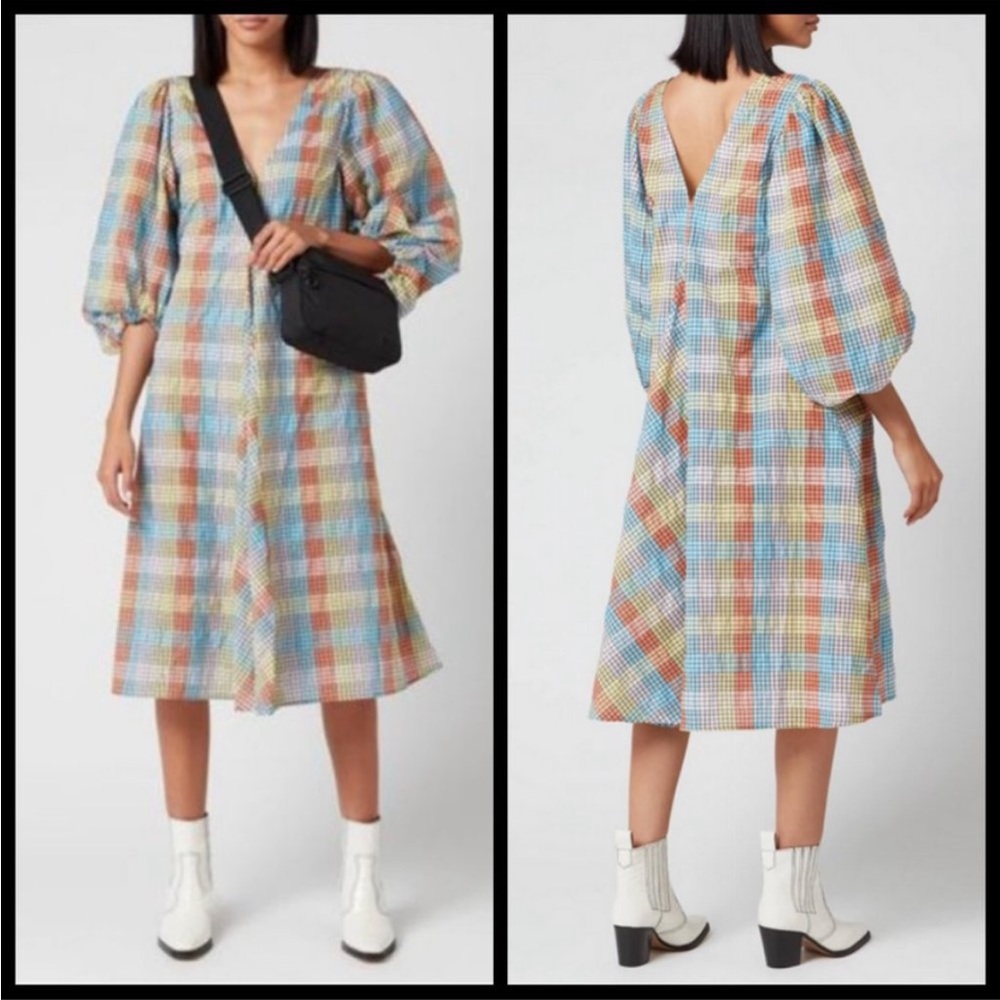 SOLD - Ganni Seersucker Plaid Midi Dress